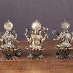 4" Brass Superfine Ganesha Lakshmi Saraswati Set | Divine Trinity on Lotus | Sacred Festival Idols